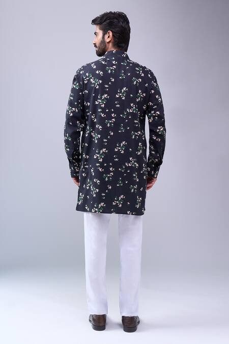 Shop Spring Break Black Cotton Floral Print Kurta at Aza Fashions Shop_Spring Break_Black Cotton Floral Print Kurta_at_Aza_Fashions