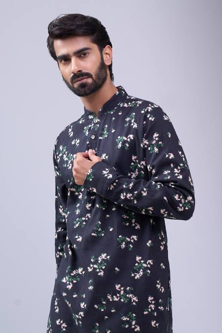 Buy Spring Break Black Cotton Floral Print Kurta Online at Aza Fashions Buy_Spring Break_Black Cotton Floral Print Kurta_Online_at_Aza_Fashions