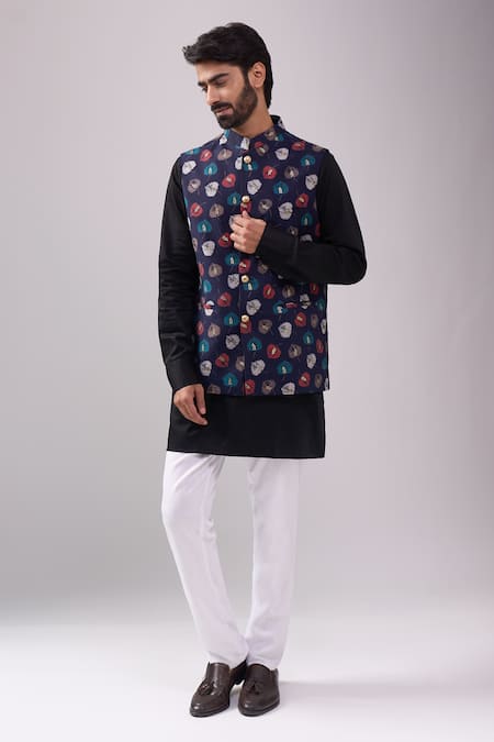 Spring Break Black Satin, Navy And Gold Leaf Print Kurta Set 