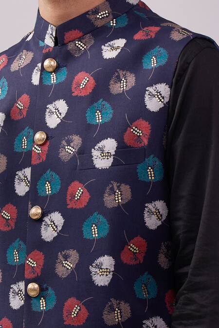 Buy_Spring Break_Black Satin, Navy And Gold Leaf Print Kurta Set _Online_at_Aza_Fashions