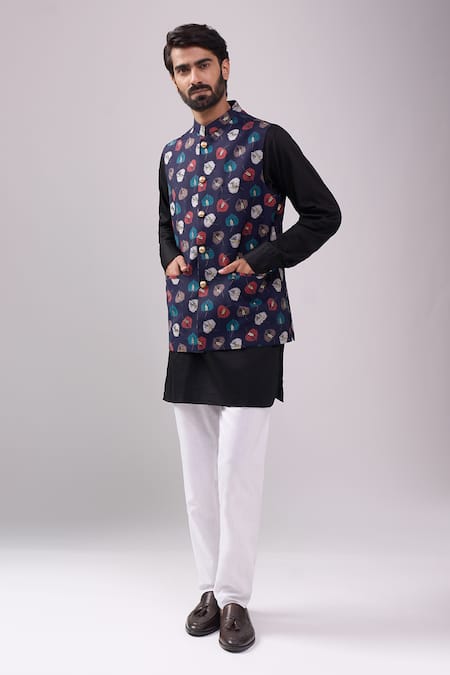 Shop_Spring Break_Black Satin, Navy And Gold Leaf Print Kurta Set _Online_at_Aza_Fashions