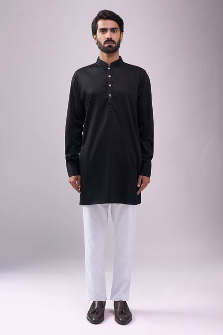 Spring Break_Black Satin, Navy And Gold Leaf Print Kurta Set _at_Aza_Fashions