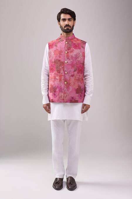 Spring Break_Pink Satin, Digital Print Jacket Kurta Set _at_Aza_Fashions