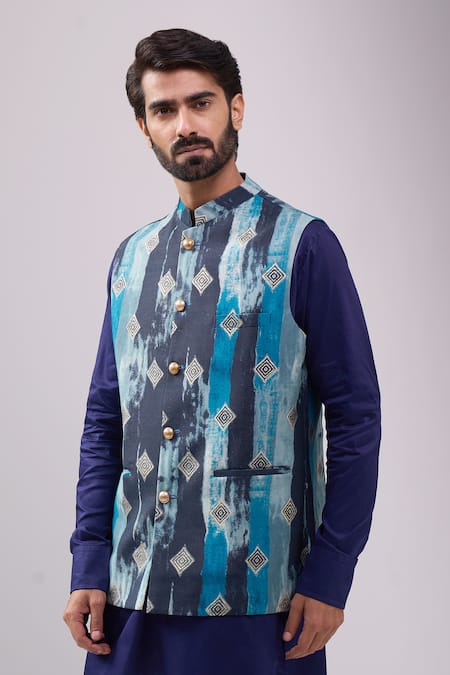 Shop_Spring Break_Navy Satin, Digital Print Kurta Set _Online_at_Aza_Fashions