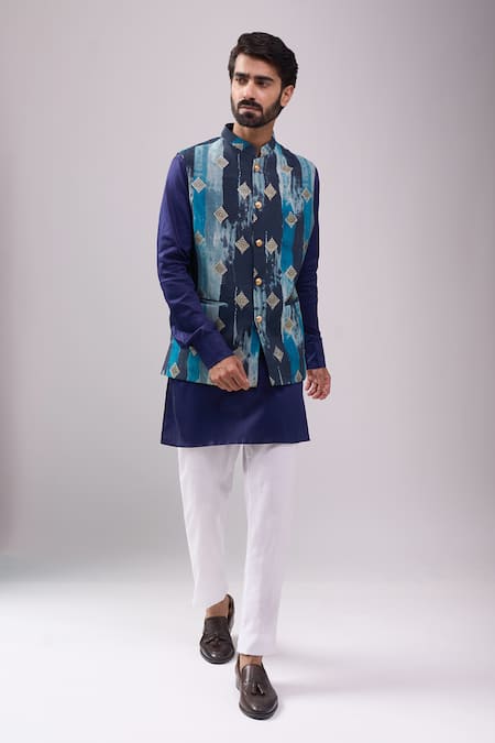 Spring Break_Navy Satin, Digital Print Kurta Set _at_Aza_Fashions