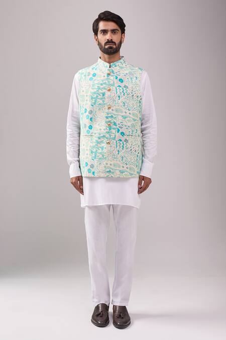 Shop_Spring Break_Blue Satin, Embroidery Botanical Print Jacket Kurta Set _Online_at_Aza_Fashions