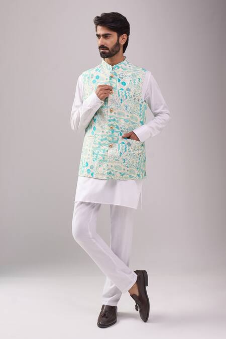 Spring Break_Blue Satin, Embroidery Botanical Print Jacket Kurta Set _at_Aza_Fashions