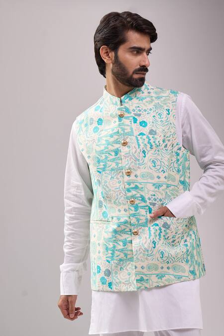 Buy_Spring Break_Blue Satin, Embroidery Botanical Print Jacket Kurta Set 