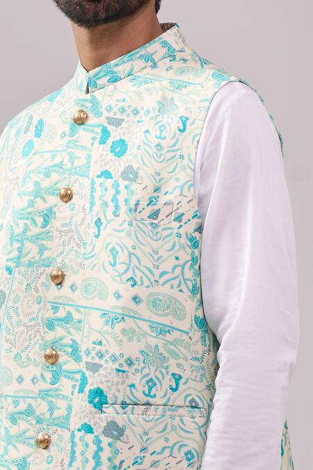 Shop_Spring Break_Blue Satin, Embroidery Botanical Print Jacket Kurta Set 