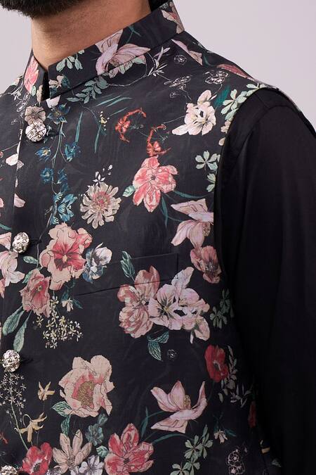 Spring Break_Black Satin, Floral Digital Print Jacket Kurta Set _Online_at_Aza_Fashions