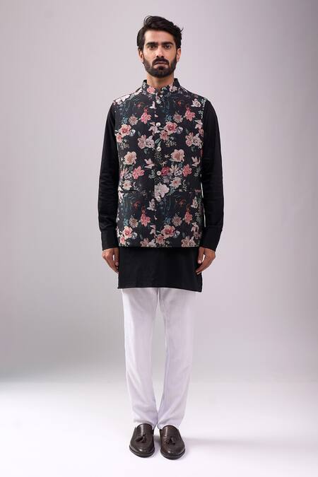 Buy_Spring Break_Black Satin, Floral Digital Print Jacket Kurta Set _Online_at_Aza_Fashions