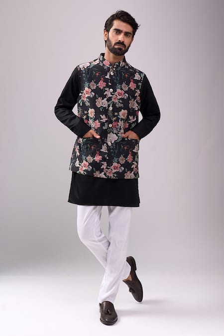 Spring Break Black Satin, Floral Digital Print Jacket Kurta Set 
