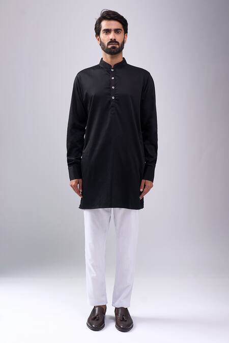 Shop_Spring Break_Black Satin, Floral Digital Print Jacket Kurta Set _Online_at_Aza_Fashions