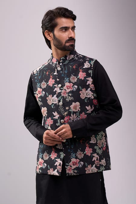 Buy_Spring Break_Black Satin, Floral Digital Print Jacket Kurta Set 