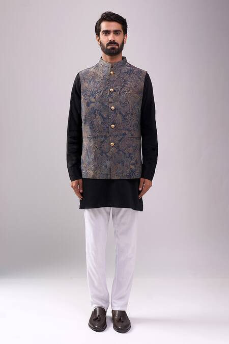 Spring Break_Gray Satin, Paisley Print Jacket Kurta Set _Online_at_Aza_Fashions