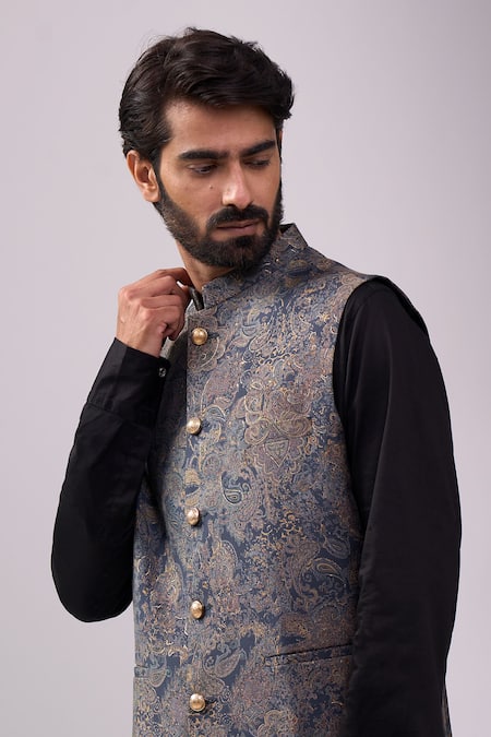 Shop_Spring Break_Gray Satin, Paisley Print Jacket Kurta Set _Online_at_Aza_Fashions