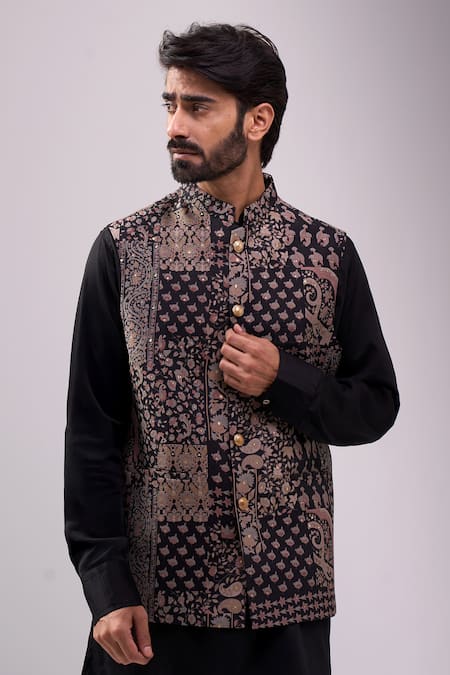 Spring Break_White Satin, Embroidery Black And Gold Paisley Print Jacket Set _at_Aza_Fashions