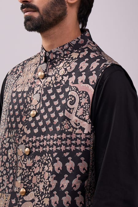 Buy_Spring Break_White Satin, Embroidery Black And Gold Paisley Print Jacket Set 