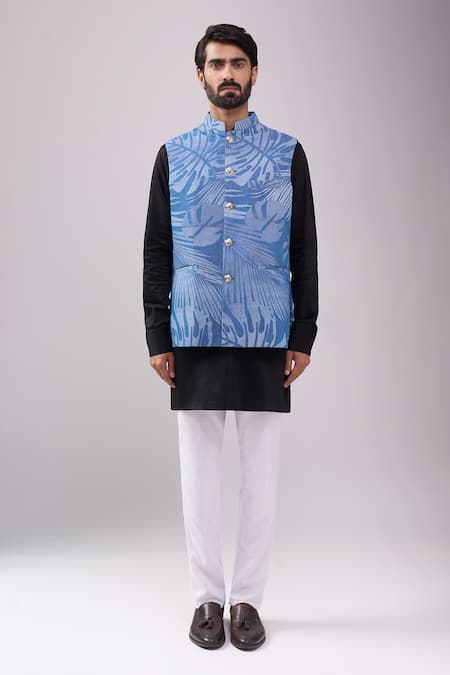 Buy_Spring Break_Black Satin, Tropical Jacket Kurta Set _Online_at_Aza_Fashions