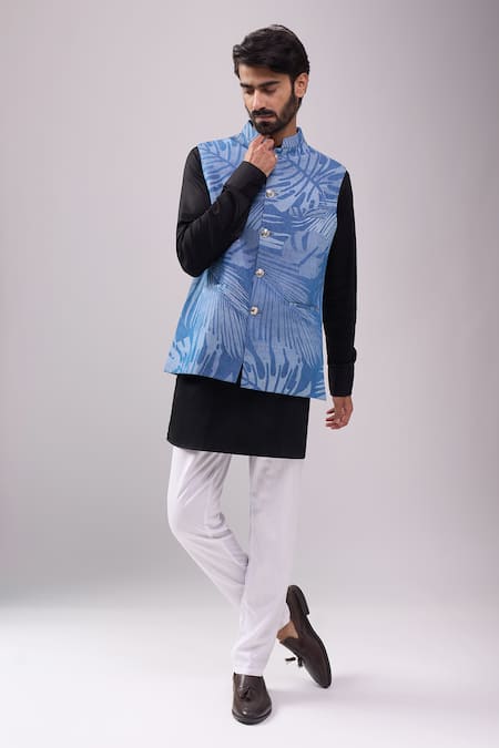 Spring Break Blue , Satin Denim Tropical Jacket Kurta Set 