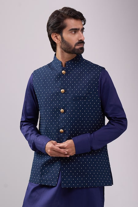 Buy_Spring Break_Blue Cotton Navy Printed Nehru Jacket _Online_at_Aza_Fashions