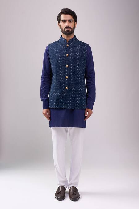 Shop_Spring Break_Blue Cotton Navy Printed Nehru Jacket _Online_at_Aza_Fashions