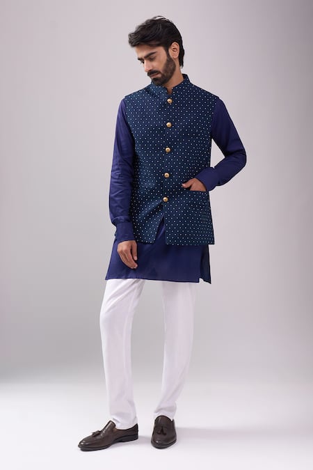 Spring Break Blue Cotton Navy Printed Nehru Jacket 