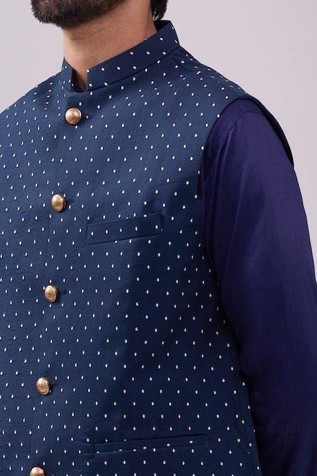 Spring Break_Blue Cotton Navy Printed Nehru Jacket _at_Aza_Fashions