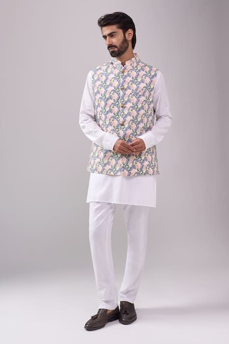 Spring Break Beige Cotton Botanical Print Nehru Jacket 
