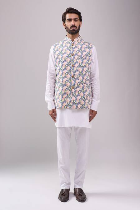 Shop_Spring Break_Beige Cotton Botanical Print Nehru Jacket _Online_at_Aza_Fashions