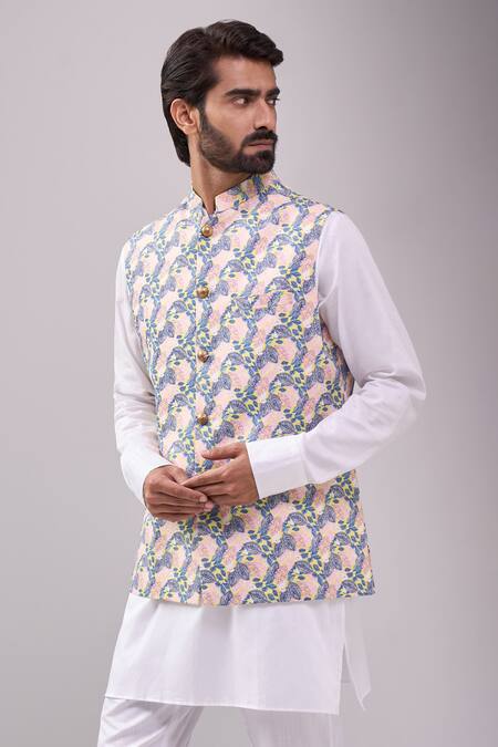 Spring Break_Beige Cotton Botanical Print Nehru Jacket _at_Aza_Fashions