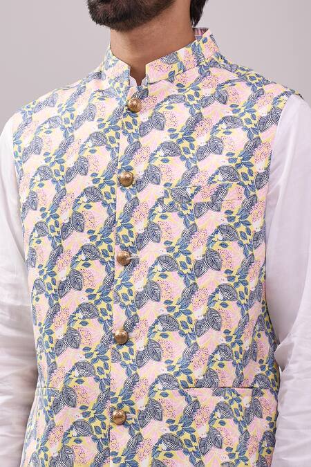 Buy_Spring Break_Beige Cotton Botanical Print Nehru Jacket 