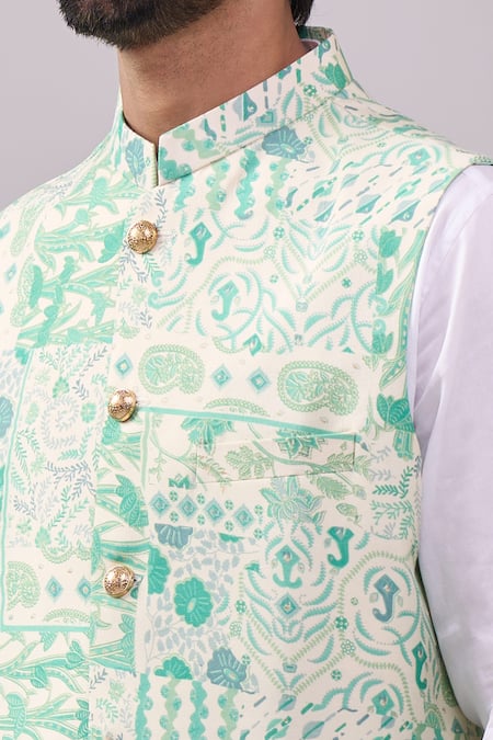 Buy_Spring Break_Green Satin, Botanical Print Jacket Kurta Set _Online_at_Aza_Fashions