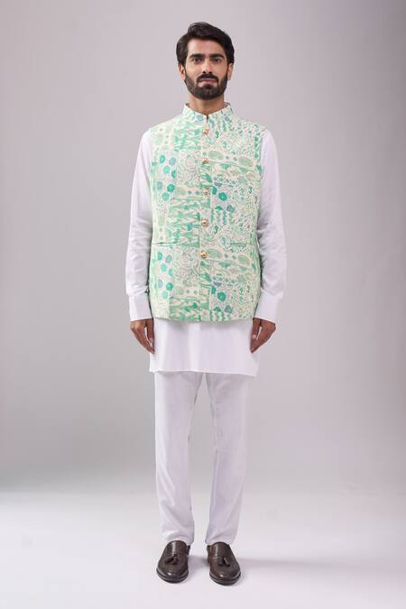 Spring Break_Green Satin, Botanical Print Jacket Kurta Set _at_Aza_Fashions