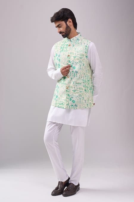 Buy_Spring Break_Green Satin, Botanical Print Jacket Kurta Set 
