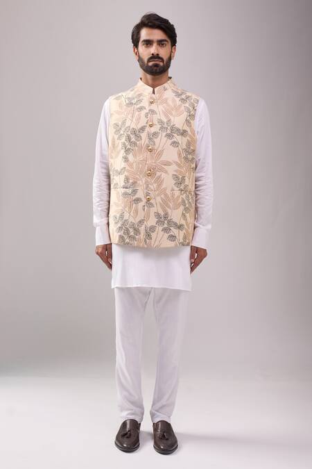 Shop_Spring Break_Beige , Linen, Satin Tropical Print Jacket Kurta Set _Online_at_Aza_Fashions