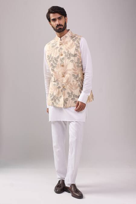 Spring Break_Beige , Linen, Satin Tropical Print Jacket Kurta Set _at_Aza_Fashions