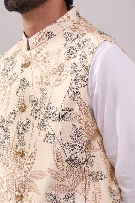 Buy_Spring Break_Beige , Linen, Satin Tropical Print Jacket Kurta Set 