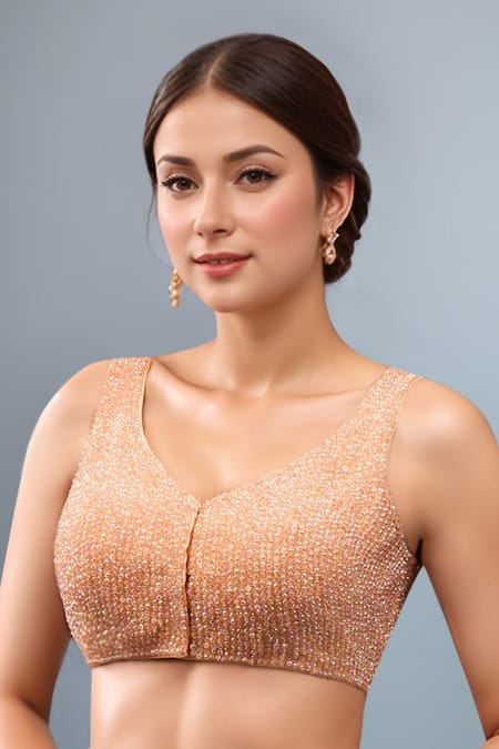 Samyukta Singhania Peach Silk Crystals V-neck Beaded Padded Blouse 