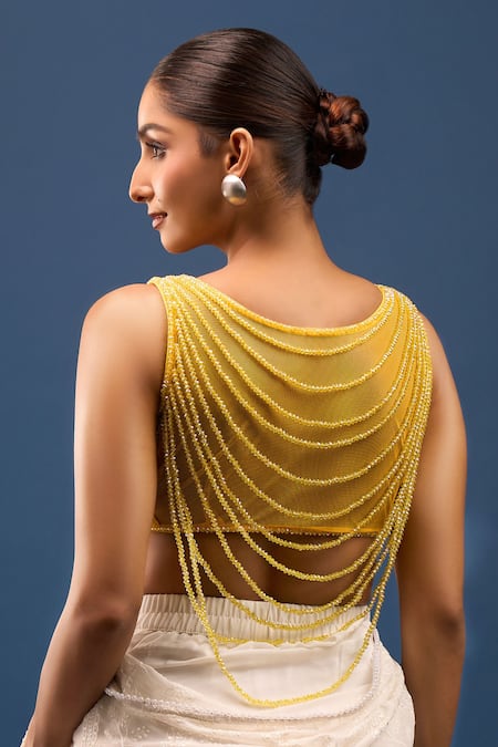 Shop Samyukta Singhania Yellow Silk Beads V-neck Crystal Embellished Blouse at Aza Fashions Shop_Samyukta Singhania_Yellow Silk Beads V-neck Crystal Embellished Blouse _at_Aza_Fashions