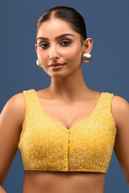 Shop Samyukta Singhania Yellow Silk Beads V-neck Crystal Embellished Blouse Online at Aza Fashions Shop_Samyukta Singhania_Yellow Silk Beads V-neck Crystal Embellished Blouse _Online_at_Aza_Fashions
