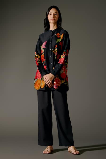 Balance By Rohit Bal Black Chanderi Silk Mandarin Collar Ecstasy Garden Print Tunic With Palazzo Pant 