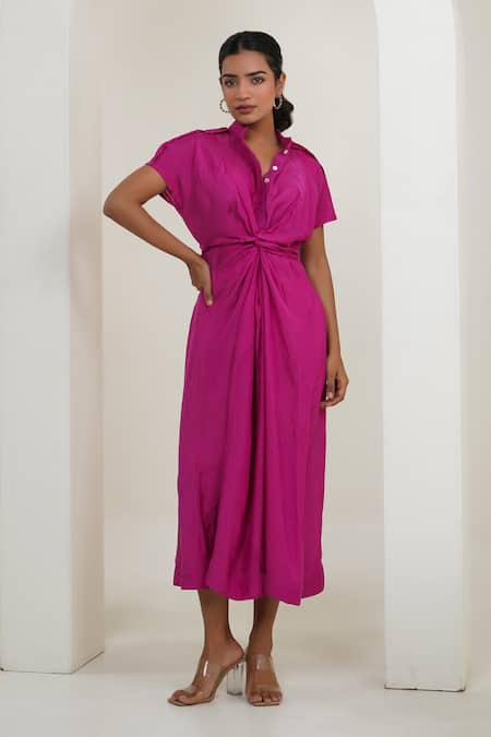 Taro Pink Cotton Collared Fuscia Knotted Dress 