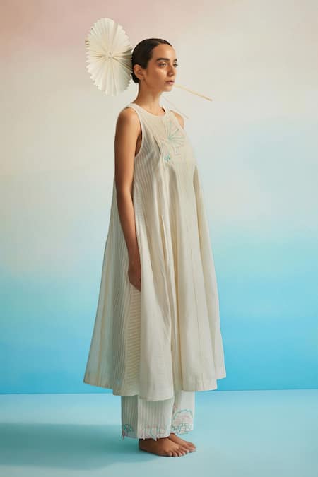 Buy_Ahmev_Ivory , , Embroidery Halter Striped Kurta Set 