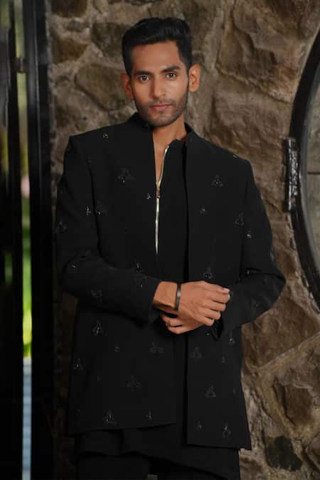 Buy Hilo Design Black Suede Embroidery Designer Bandhgala And Pant Set Online at Aza Fashions Buy_Hilo Design_Black Suede Embroidery Designer Bandhgala And Pant Set _Online_at_Aza_Fashions