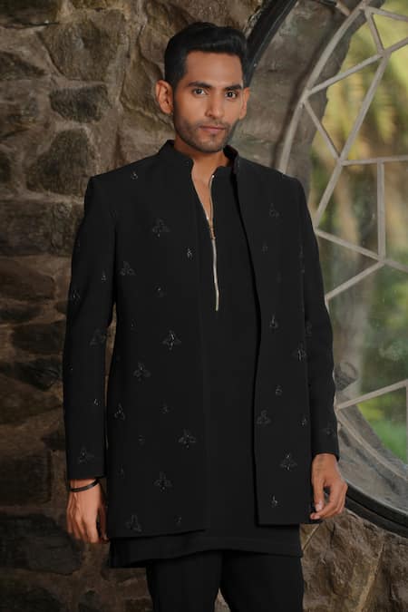 Shop Hilo Design Black Suede Embroidery Designer Bandhgala And Pant Set Online at Aza Fashions Shop_Hilo Design_Black Suede Embroidery Designer Bandhgala And Pant Set _Online_at_Aza_Fashions