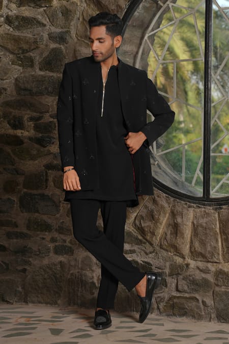 Shop Hilo Design Black Suede Embroidery Designer Bandhgala And Pant Set at Aza Fashions Shop_Hilo Design_Black Suede Embroidery Designer Bandhgala And Pant Set _at_Aza_Fashions