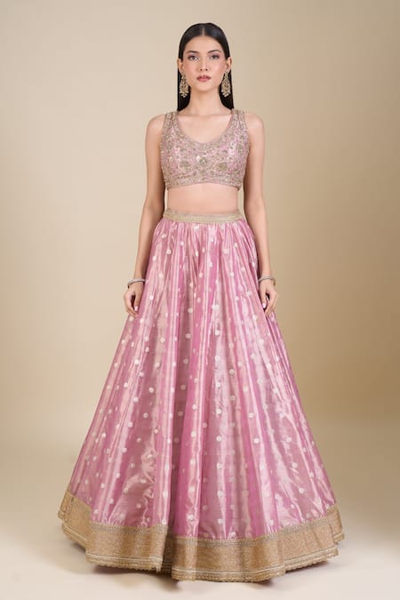 Buy_Shyam Narayan Prasad_Pink Tissue Sequins, Zari, Embroidery V-neck Zardozi Lehenga Set _Online_at_Aza_Fashions