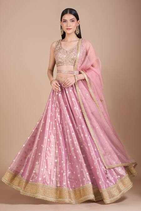 Buy_Shyam Narayan Prasad_Pink Tissue Sequins, Zari, Embroidery V-neck Zardozi Lehenga Set 