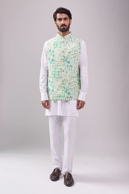 Spring Break Green Satin, Botanical Print Jacket Kurta Set 